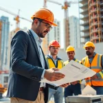 New York City General Contractor on a vibrant construction site, engaging with plans and overseeing a skilled team.