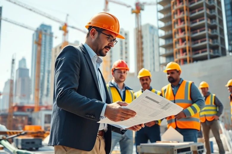 New York City General Contractor on a vibrant construction site, engaging with plans and overseeing a skilled team.