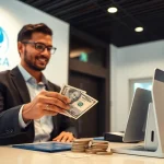Melakukan deposit 1k dengan percaya diri di bank, menunjukkan interaksi dengan teller dan uang tunai.