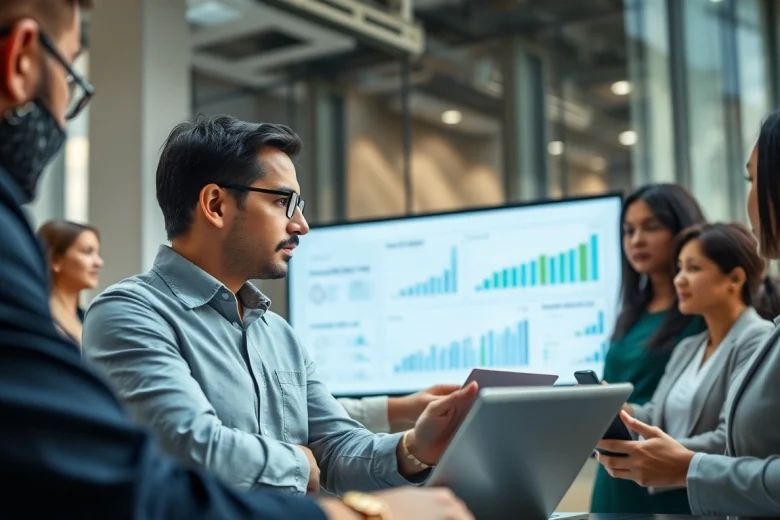 Crisis management consultant leading a strategic team discussion in a modern office environment.
