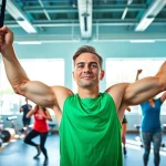 Fitness enthusiast exercising with pull-up resistance bands in a bright gym, showcasing strength and versatility.