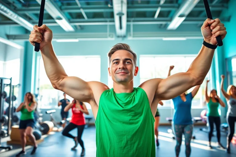 Fitness enthusiast exercising with pull-up resistance bands in a bright gym, showcasing strength and versatility.