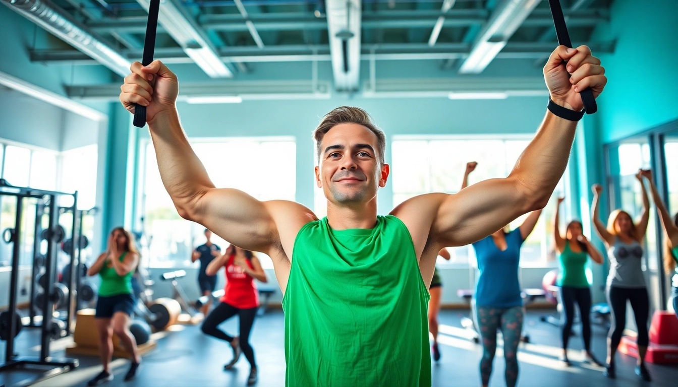 Fitness enthusiast exercising with pull-up resistance bands in a bright gym, showcasing strength and versatility.