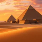 Photorealistic image of piraminds set in a breathtaking desert landscape illuminated by sunset.