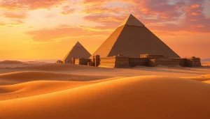 Photorealistic image of piraminds set in a breathtaking desert landscape illuminated by sunset.