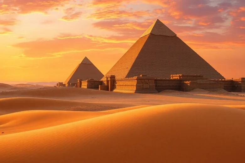 Photorealistic image of piraminds set in a breathtaking desert landscape illuminated by sunset.