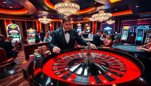 Players at https://789cluber.com/ experience excitement at a luxurious roulette table in a vibrant casino setting.