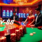 Experience thrill at FLY88 Đăng kí with players at a luxurious roulette table and vibrant slot machines.