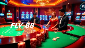 Experience thrill at FLY88 Đăng kí with players at a luxurious roulette table and vibrant slot machines.