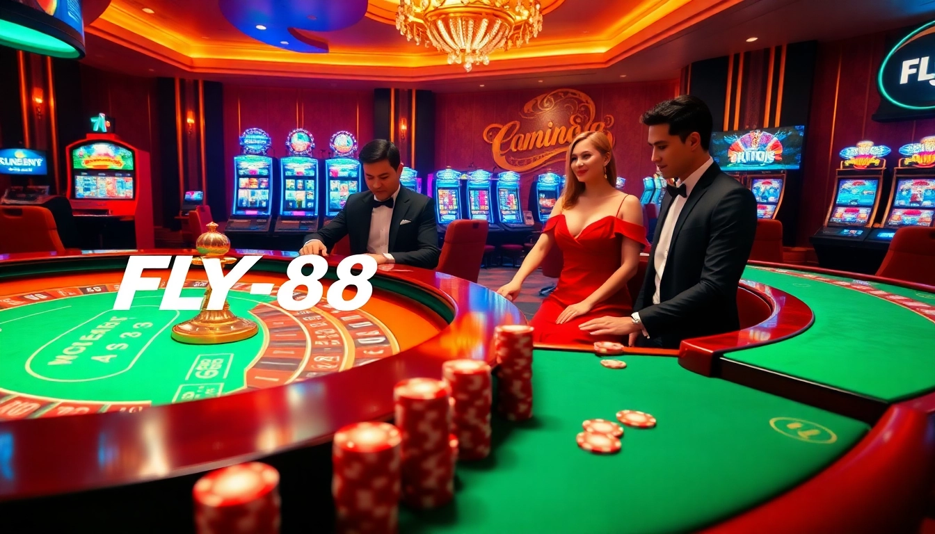Experience thrill at FLY88 Đăng kí with players at a luxurious roulette table and vibrant slot machines.