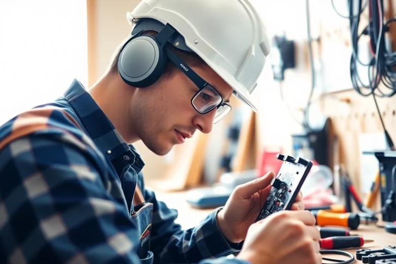 Wyoming Electrical Apprenticeship featuring a professional electrician inspecting a circuit board in a well-lit environment.