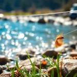 Fly fishing line showcased on a sunny riverbank, highlighting its vibrant features.