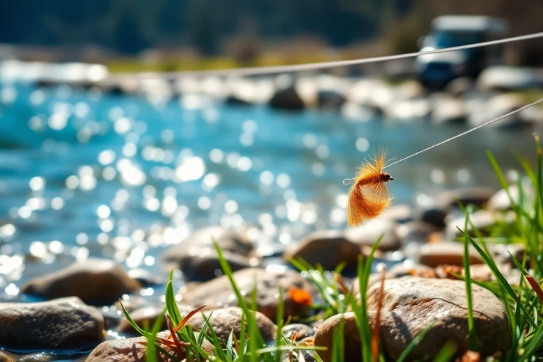 Fly fishing line showcased on a sunny riverbank, highlighting its vibrant features.