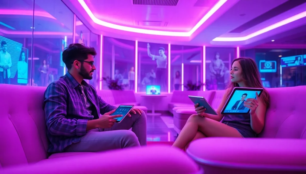 Engaging scene of NSFW AI chat in a futuristic digital lounge with vibrant lighting.