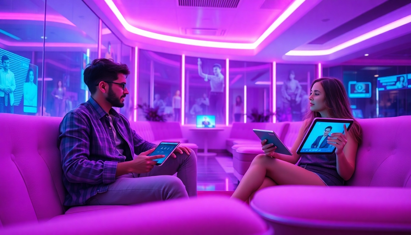 Engaging scene of NSFW AI chat in a futuristic digital lounge with vibrant lighting.