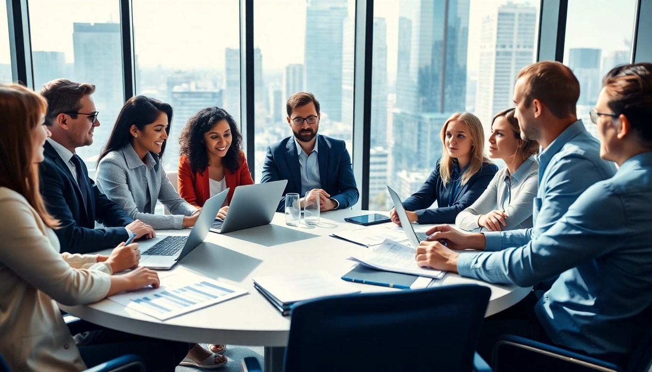 Engaged B2B sales professionals collaborating to hire experienced B2B sales professionals in a dynamic office.