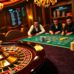 Engage in thrilling gameplay at topclub, showcasing a luxurious roulette wheel and vibrant poker action.