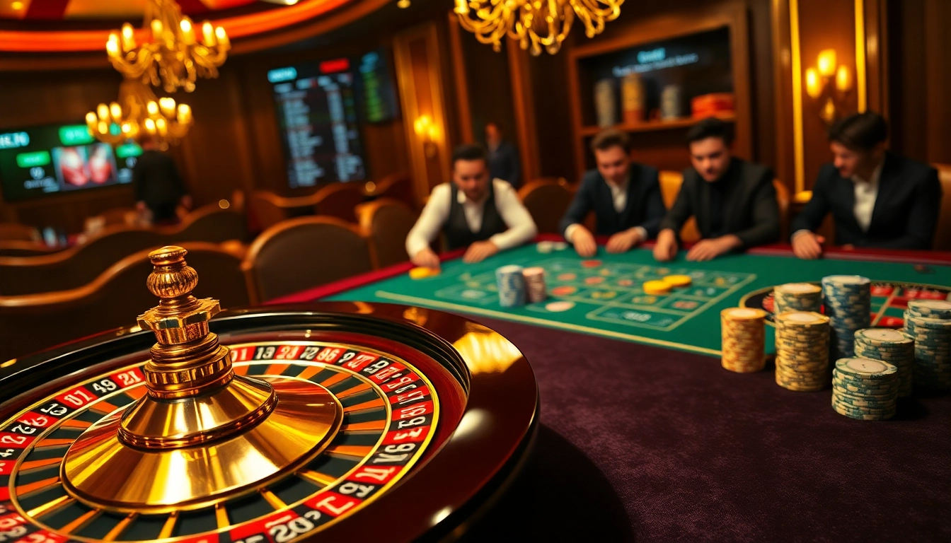 Engage in thrilling gameplay at topclub, showcasing a luxurious roulette wheel and vibrant poker action.