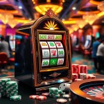 Permainan yang seru di kasino "slot depo pulsa" yang menampilkan mesin berwarna-warni dan chip poker yang cerah.
