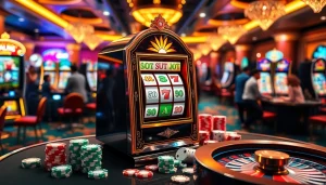 Permainan yang seru di kasino "slot depo pulsa" yang menampilkan mesin berwarna-warni dan chip poker yang cerah.