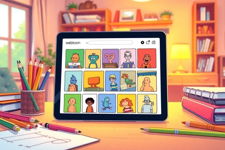 무료웹툰 다양한 캐릭터가 등장하는 디지털 패널을 보여주는 일러스트