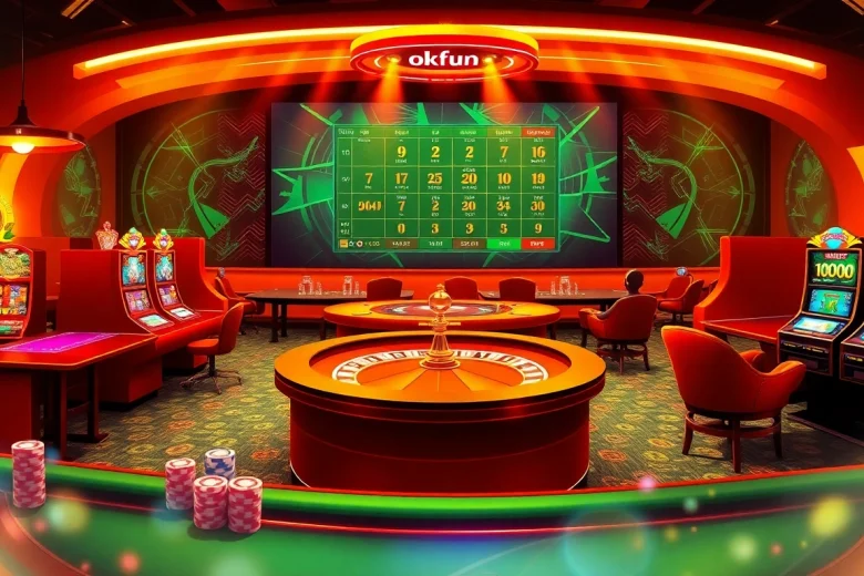 Engage in thrilling gameplay at okfun casino with vibrant slots, elegant tables, and colorful poker chips.