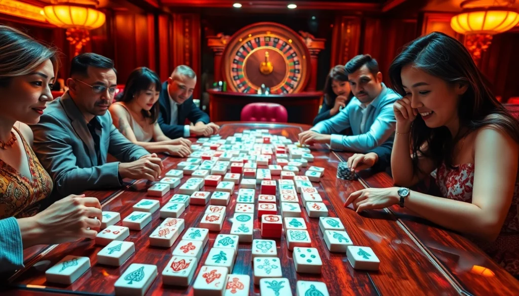 Gamblers playing link mahjong, surrounded by poker chips and casino luxury.