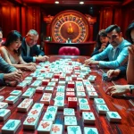 Gamblers playing link mahjong, surrounded by poker chips and casino luxury.