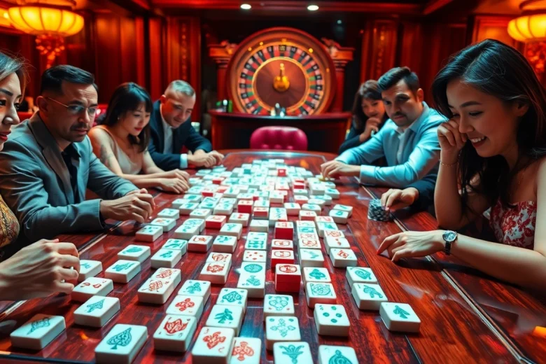 Gamblers playing link mahjong, surrounded by poker chips and casino luxury.