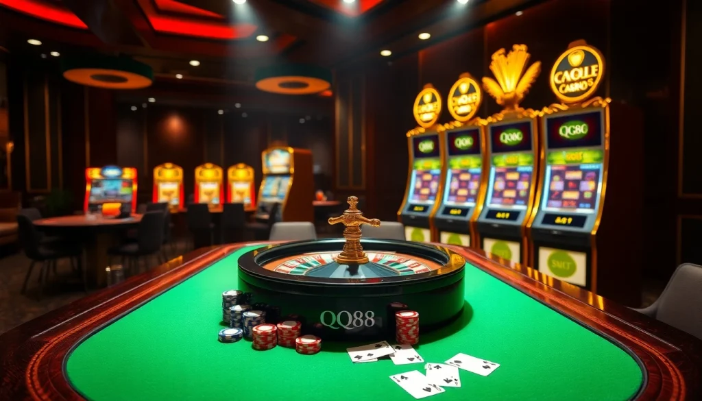 Engaging QQ88 casino scene showcasing vibrant gaming action with tables and slots.