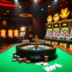 Engaging QQ88 casino scene showcasing vibrant gaming action with tables and slots.