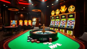 Engaging QQ88 casino scene showcasing vibrant gaming action with tables and slots.