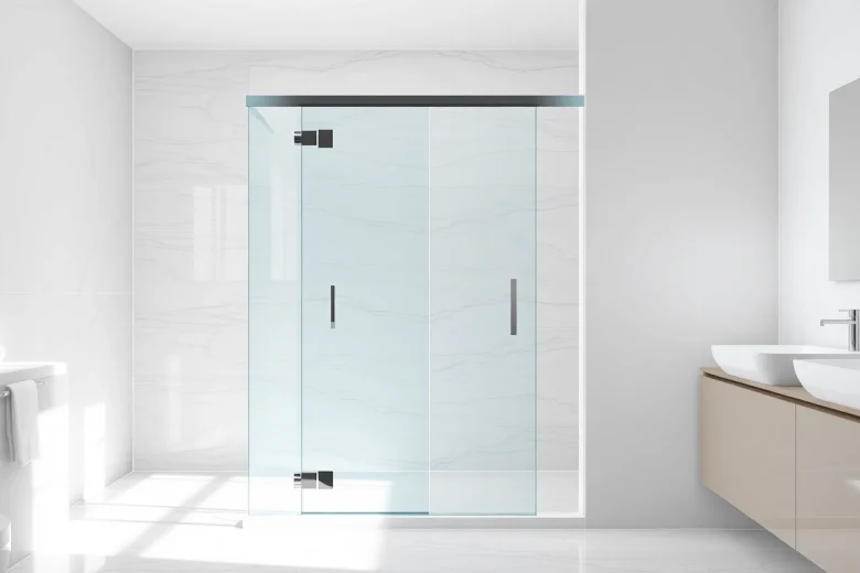 Explore a modern shower screen door showcased in an elegant bathroom setting.