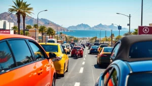 Witness Los Cabos traffic updates with vibrant vehicles showcasing the city's dynamic flow.