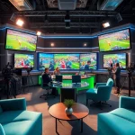 Vibrant scene of Sports Broadcasting studio showcasing live events and dynamic hosts.