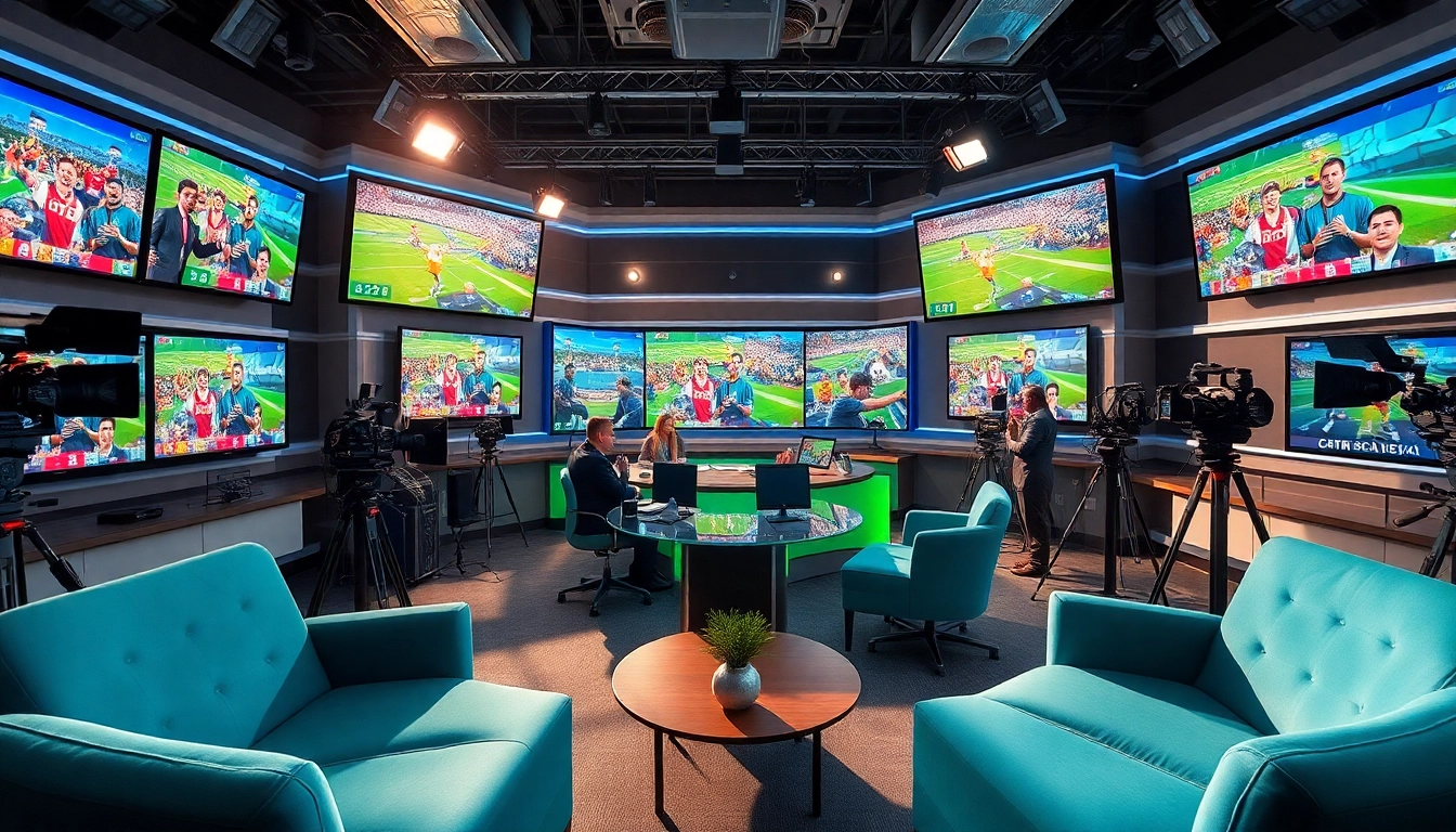 Vibrant scene of Sports Broadcasting studio showcasing live events and dynamic hosts.