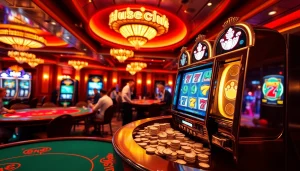 Para pemain bersemangat menikmati Slot Depo 5rb di kasino mewah dengan mesin slot yang berwarna-warni.