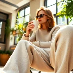 Model showcases stylish french terry sweatpants in a sunlit café setting, exuding comfort and elegance.