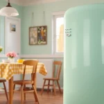 Bright mint green retro appliance in a cozy vintage kitchen setting.