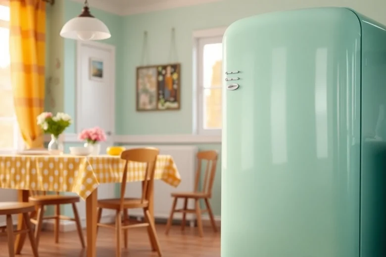 Bright mint green retro appliance in a cozy vintage kitchen setting.