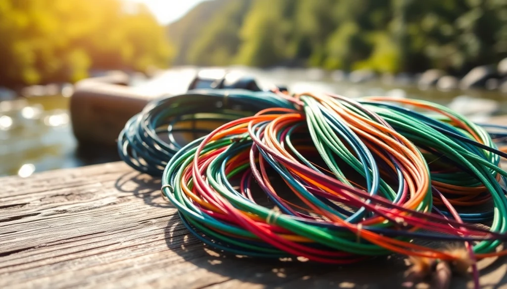 Fly fishing line and colorful fishing flies displayed attractively on a wooden table.