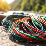 Fly fishing line and colorful fishing flies displayed attractively on a wooden table.
