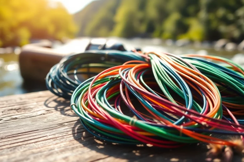 Fly fishing line and colorful fishing flies displayed attractively on a wooden table.