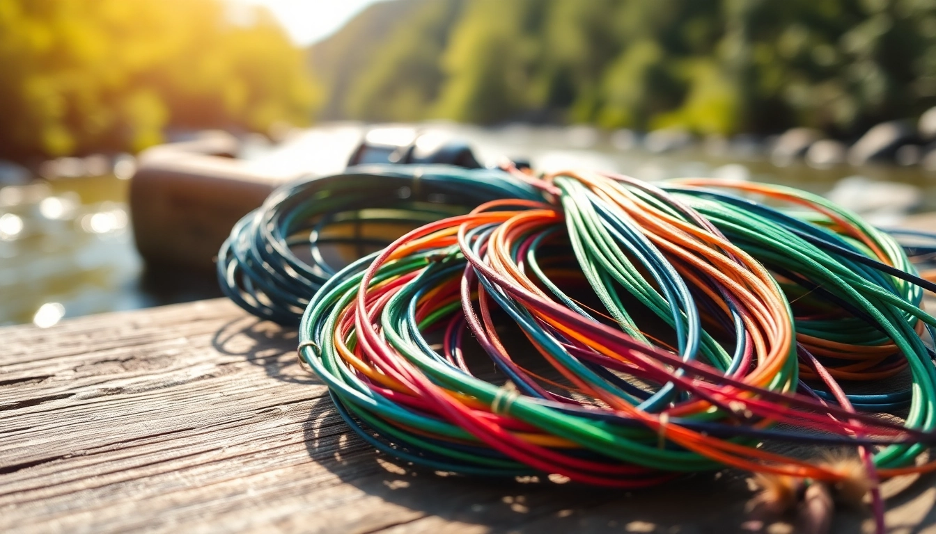Fly fishing line and colorful fishing flies displayed attractively on a wooden table.