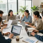 Nationwide investors group analyzing properties in a modern real estate office with investors collaborating.