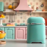 Showcasing a vibrant retro appliance in a charming kitchen setup, reflecting nostalgia and joy.