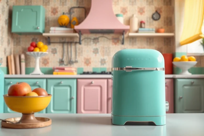 Showcasing a vibrant retro appliance in a charming kitchen setup, reflecting nostalgia and joy.
