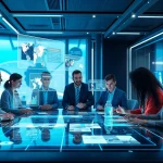 Transform video to promptgenerator in a high-tech workspace with professionals analyzing video prompts.