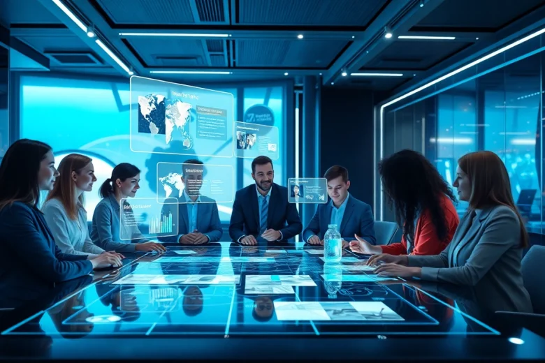 Transform video to promptgenerator in a high-tech workspace with professionals analyzing video prompts.