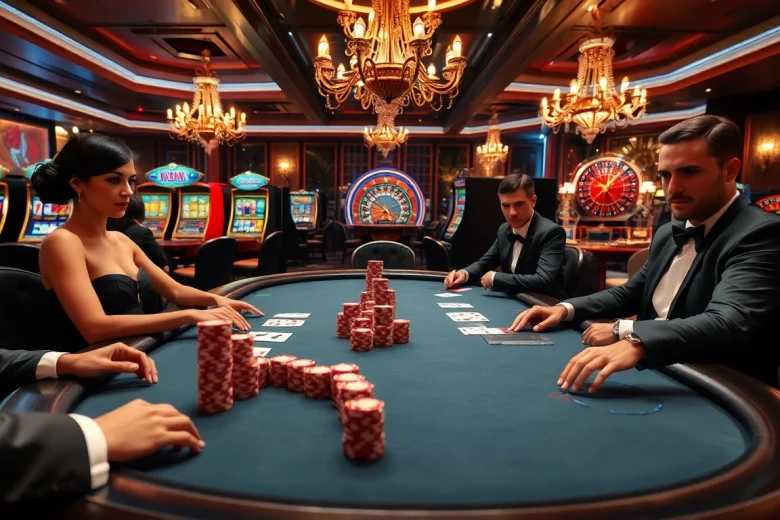 Parties de poker captivantes au casino en ligne France avec des joueurs sophistiqués et des jetons éclatants.